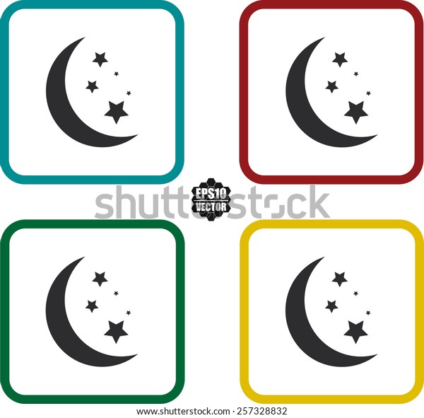 Moon And Stars At
Night Symbol And Icons Set On White Background And Colorful Border.
Vector illustration. 