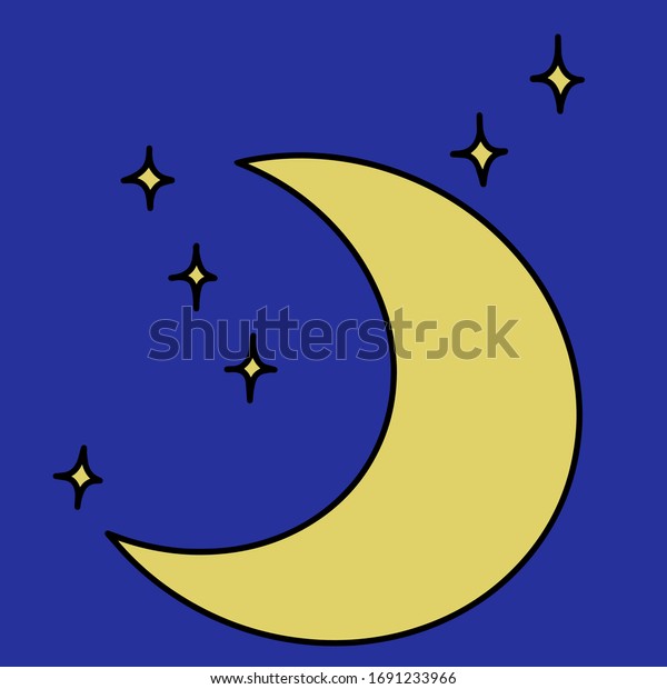 The moon and stars on a blue background.
Cartoon, color flat vector
illustration.