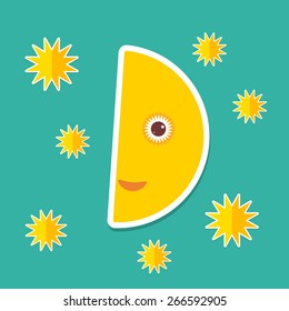Moon Stars on blue night sky. Modern style flat. Vector
