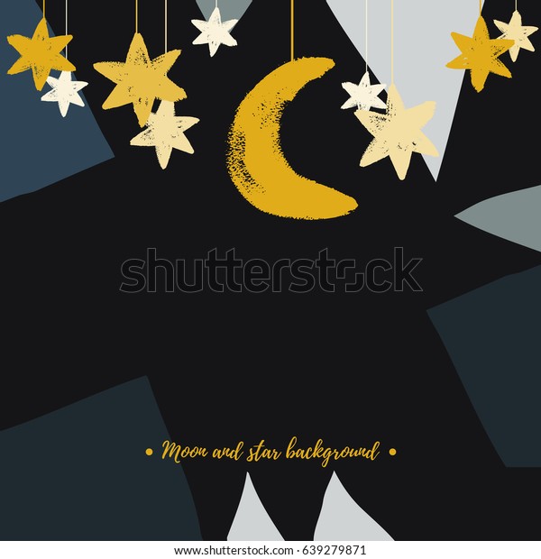 Moon and stars on dark sky hanging on rope.\
Hand drawn, vector\
illustration.