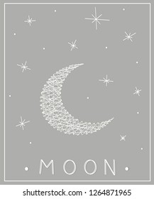 moon and stars on a gray background from threads - line segments.Vector illustration.