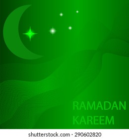 Moon and Stars on Green Wave Background. Ramadan Card