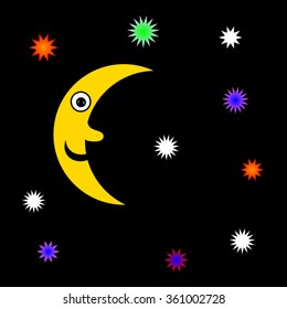 Moon and stars on night sky. Vector illustration.