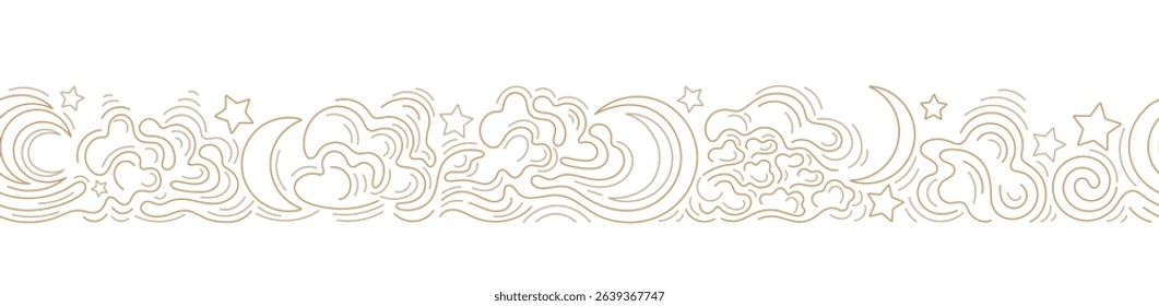 Moon, stars on sky. Vector line seamless pattern. Cloudy weather. Magic abstract outline border. Yoga and astrology repeat print. Celestial frieze for taro card on white background