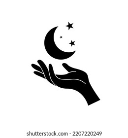 Moon and stars on the woman hand flat vector icon illustration isolated on white background