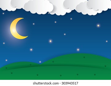Moon and stars- Paper art. Vector
