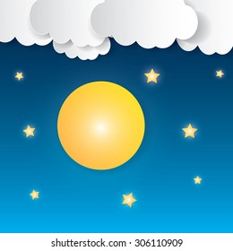 Moon and stars- Paper art. Vector
