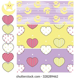 Moon and Stars Pattern ,Hearts on yellow background Pattern and Hearts on Purple Background Pattern