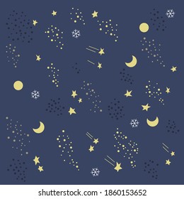 Moon and stars pattern illustration on blue background.