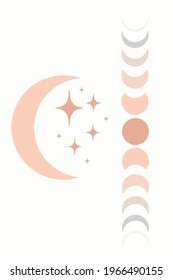 Moon and stars, moon phase. Modern geometric compositions. The decor of the boho walls. Delicate terracotta color. Artistic printing of the middle of the century. Vector illustration.