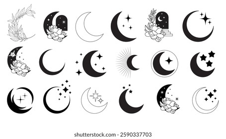 Moon, stars, moon phases, crystals, magic symbols. Vector set in oriental style. Line hand drawn illustration. Moon icons, moon design. Muslim arabian symbol. Shapes for design. Vector lunar set, sun