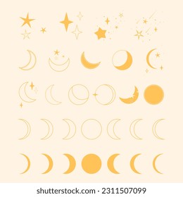 Moon, stars. Phases of the moon. Set of stars and moons. Set of astrological elements. Universe, cosmos. Cosmic elements
