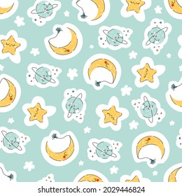 Moon, stars and planet seamless pattern in hand drawn style for childrens design. Vector stock illustration