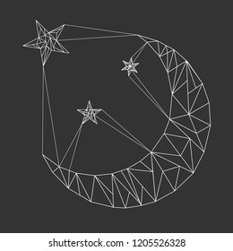 Moon and stars in polygonal style. Triangular polygons. Vector