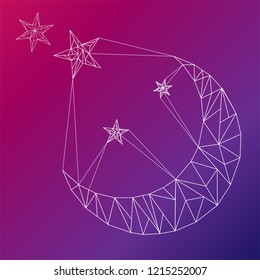 Moon and stars in polygonal style. Triangular polygons. Vector