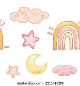 moon, stars and rainbow, pattern in boho cartoon style, seamless pattern