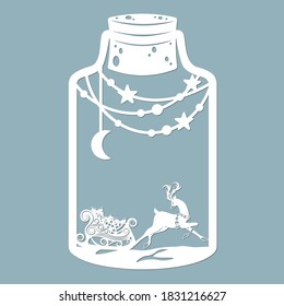Moon, stars and reindeer with sledges in the trees in a glass jar. Laser cut. Vector illustration. Pattern for the laser cut, serigraphy, plotter and screen printing.
