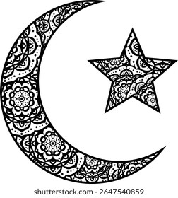 The moon and stars are rendered in white. A mandala-style object is clipped to the illustration, allowing users to adjust the position of the pattern as needed.
