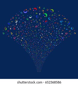 Moon Stars salute stream. Vector illustration style is flat bright multicolored iconic symbols on a blue background. Object source fountain made from random pictographs.