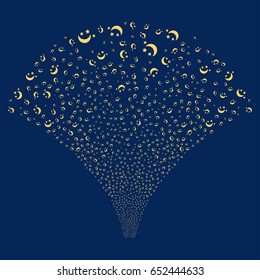 Moon Stars salute stream. Vector illustration style is flat yellow iconic symbols on a blue background. Object fireworks fountain combined from random pictograms.