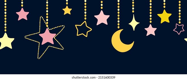 La luna y las estrellas bordean sin fisuras. Teléfono móvil de guardería, una media luna amarilla de noche. Plantilla de impresión vectorial de pegatinas de pared, banner con sueño de bebé