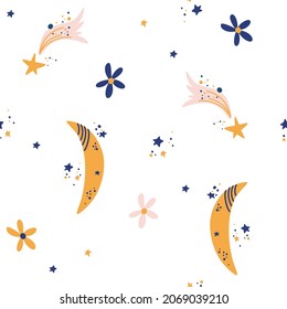 Moon and stars patrón impecable. Elementos de boho en tonos pastel. Perfecto para el diseño textil, de papel pintado o de impresión. Ilustración del vector de dibujo manual.