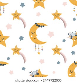 Moon and stars seamless pattern in cartoon flat style. Kids digital paper. Hand drawn vector pattern