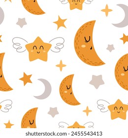 Moon and stars seamless pattern in cartoon flat style. Celestial digital paper. Hand drawn vector pattern	