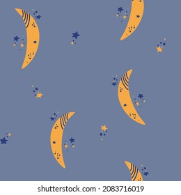 Moon and stars seamless pattern. Night sky background. Sweet dreams. Space and astrology. Suitable for wrapping paper, fabric, curtains. Vector cartoon illustration isolated on a blue background.