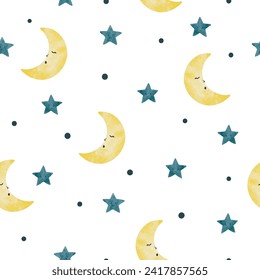 Mond und Sterne nahtloses Muster. Nachthimmel, Vektorgrafik mit Aquarellfarben