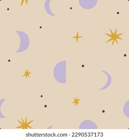 Moon and Stars seamless pattern. Vector celestial texture with different Moons and shiny Stars. Abstract Lunar background