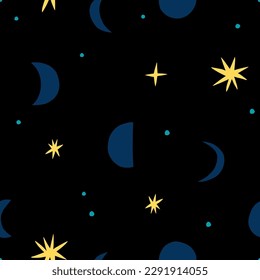 Moon and Stars seamless pattern. Vector celestial texture with different Moons and shiny Stars. Abstract Lunar background