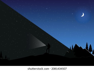 Moon stars and seeker of adventures with flashlight. night, trees and mountain.Eps 10. vector illustration good for wallpaper and background,design in dark colours with blue and white