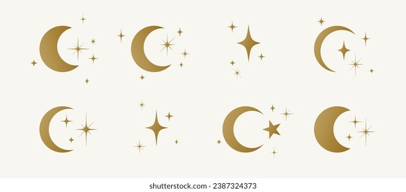 Moon with stars set. Half moon, crescent with star, night sky background. Half moon symbol, graphic elements, light star shapes graphic, boho witch mystic crescent icon collection. Vector Illustration