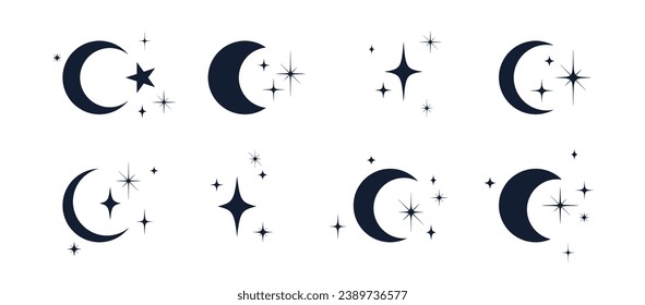 Moon with stars set. Half moon, crescent with star, night sky background. Half moon symbol, graphic elements, light star shapes graphic, boho witch mystic crescent icon collection. Vector Illustration