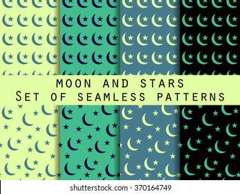Moon and stars. Set seamless patterns The pattern for wallpaper, bed linen, tiles, fabrics, backgrounds. Vector illustration.
