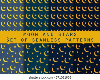 Moon and stars. Set seamless patterns The pattern for wallpaper, bed linen, tiles, fabrics, backgrounds. Vector illustration.