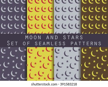 Moon and stars. Set seamless patterns The pattern for wallpaper, bed linen, tiles, fabrics, backgrounds. Vector illustration.