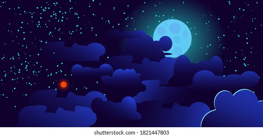 The moon, stars and silhouettes of clouds.