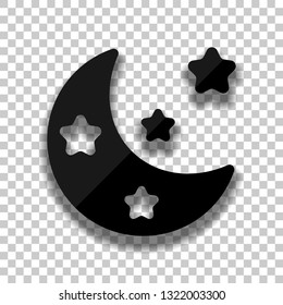 Moon with stars, simple icon. Black glass icon with soft shadow on transparent background