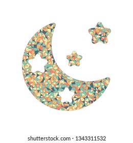 Moon with stars, simple icon. Colored mosaic with polygons