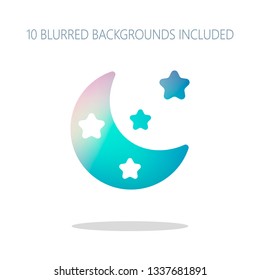 Moon with stars, simple icon. Colorful logo concept with simple shadow on white. 10 different blurred backgrounds included