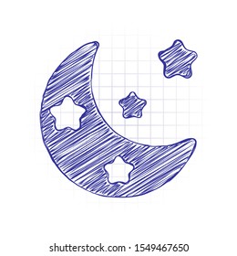Moon with stars, simple icon. Hand drawn sketched picture with scribble fill. Blue ink. Doodle on white background