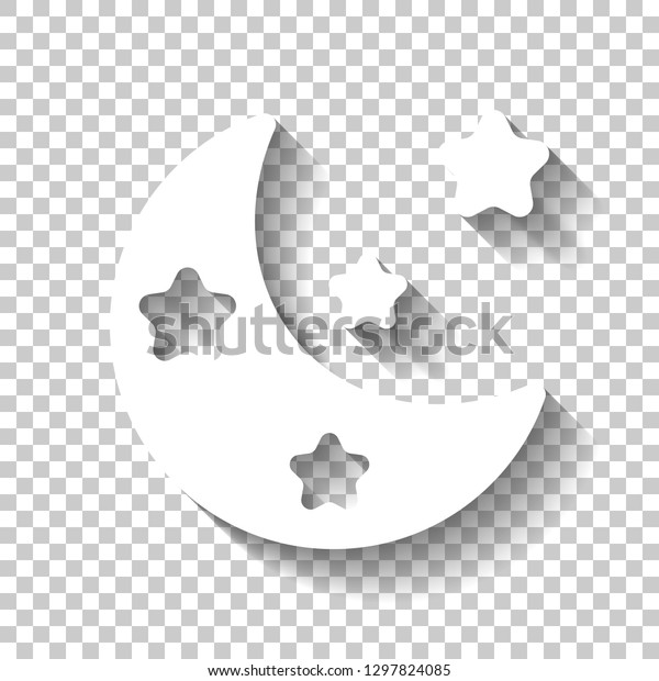 Moon with stars, simple icon. White icon with\
shadow on transparent\
background