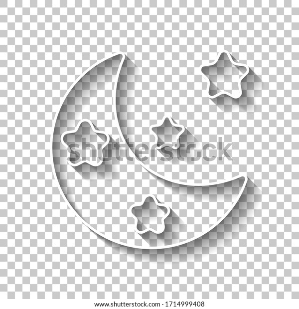 Moon with stars, simple icon.
White outline sign with shadow on transparent
background