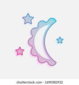 moon and stars. simple silhouette. Colored logo with diagonal lines and blue-red gradient. Neon graphic, light effect