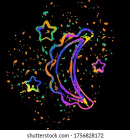 moon and stars. simple silhouette. Colored ink with splashes on black background