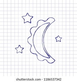 moon and stars. simple silhouette. Hand drawn picture on paper sheet. Blue ink, outline sketch style. Doodle on checkered background