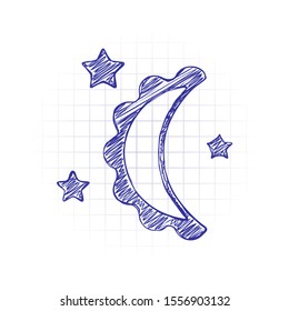 moon and stars. simple silhouette. Hand drawn sketched picture with scribble fill. Blue ink. Doodle on white background