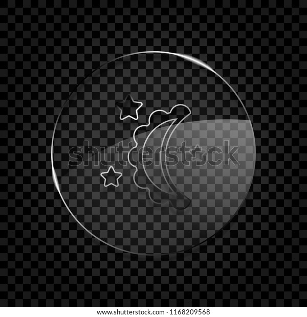 moon and stars. simple\
silhouette. Icon in circle glass bubble on dark transparent grid.\
Glass style